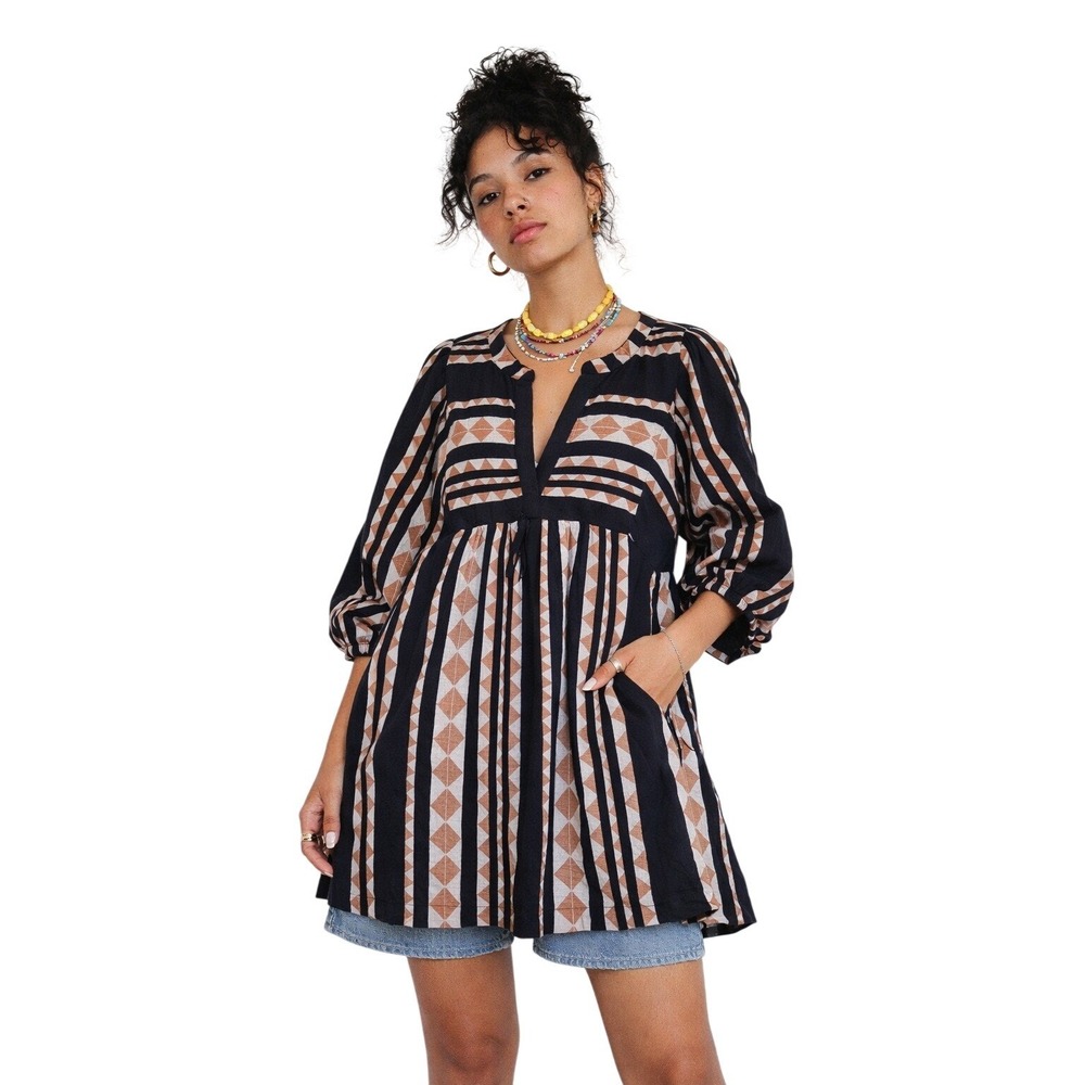 UNCLE FRANK Geometric Boho Babydoll Tunic Dress Puff Sleeve S M